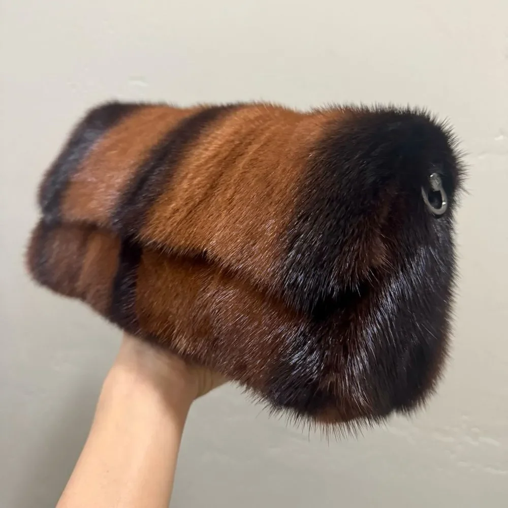 Brown Gradient Real Mink Fur Handmade Baguette Shoulder Bag, Multi Use Style